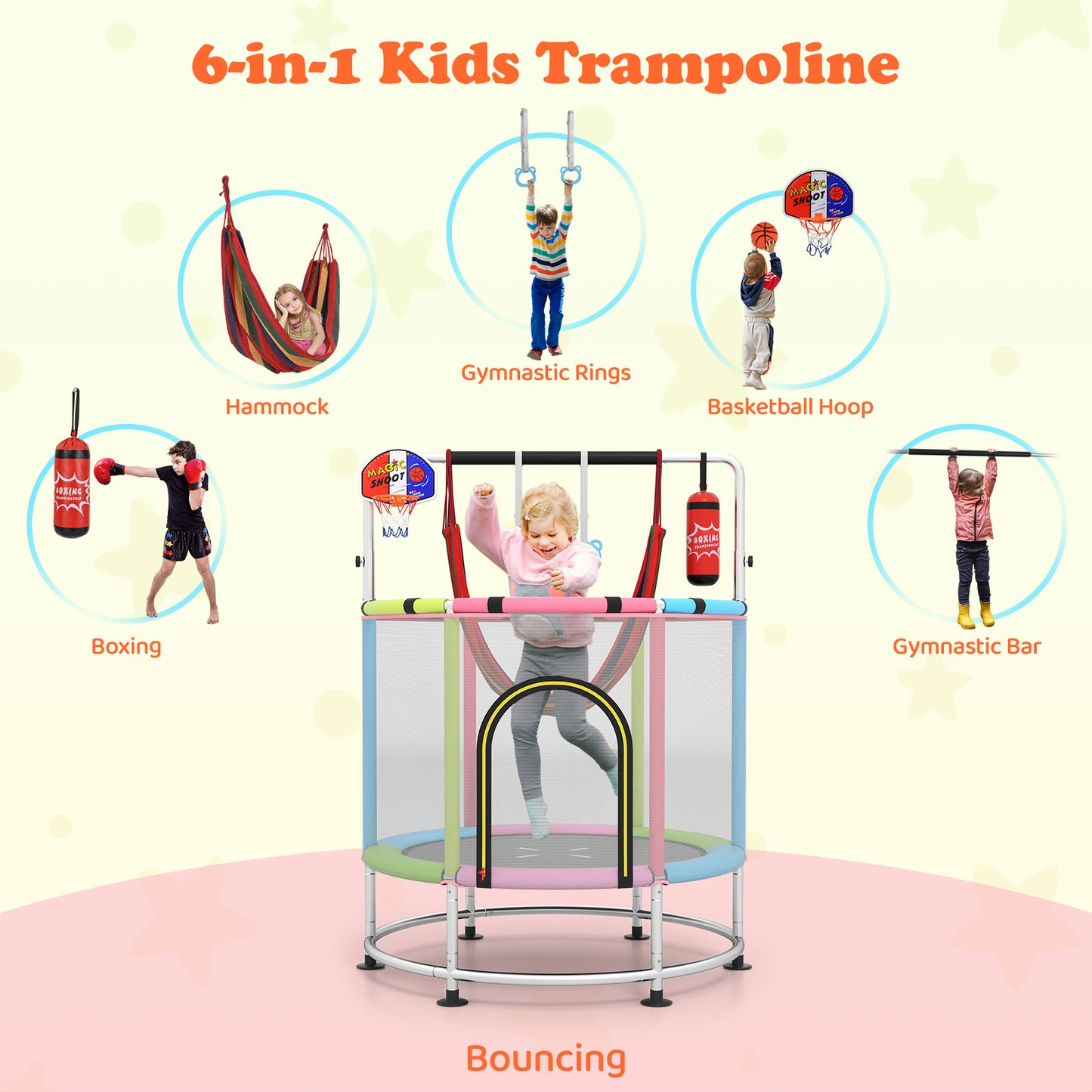55 Inch Kids Trampoline with Hammock and Adjustable Gym Bar-Pink