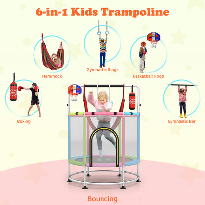55 Inch Kids Trampoline with Hammock and Adjustable Gym Bar-Pink
