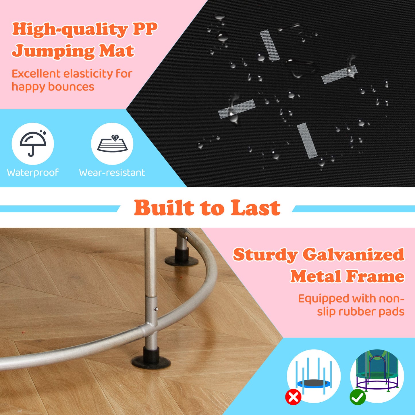 55 Inch Kids Trampoline with Hammock and Adjustable Gym Bar-Pink