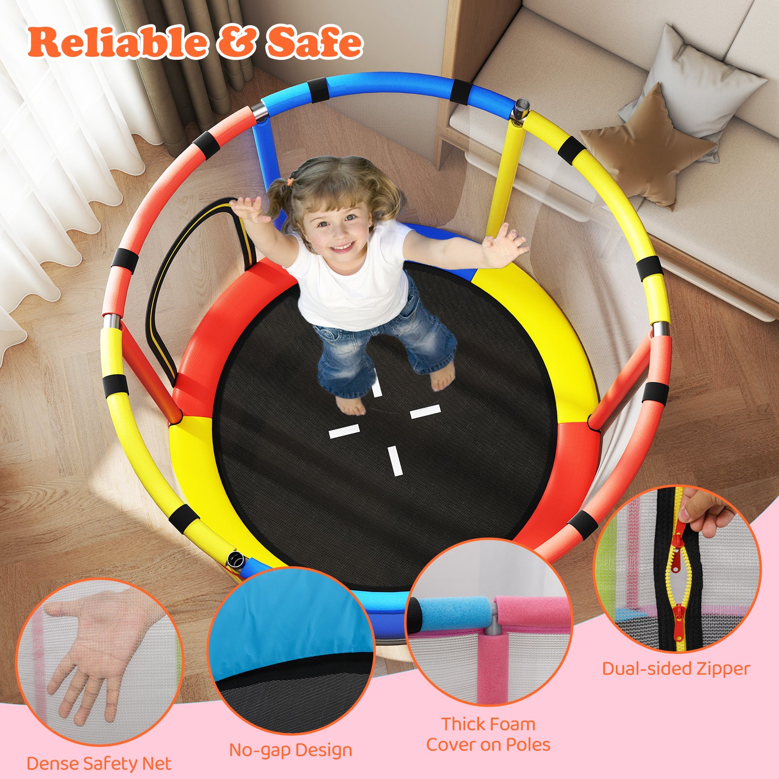 55 Inch Kids Trampoline with Hammock and Adjustable Gym Bar-Pink