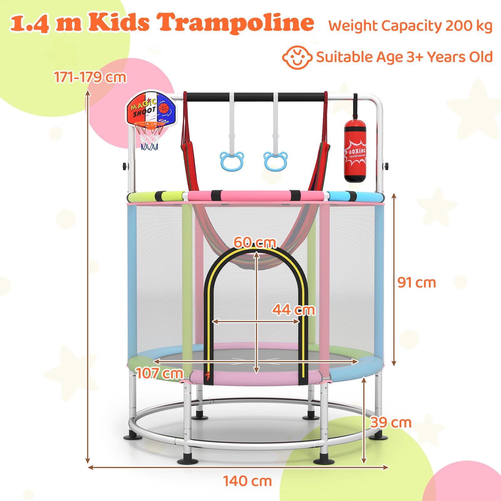 55 Inch Kids Trampoline with Hammock and Adjustable Gym Bar-Pink