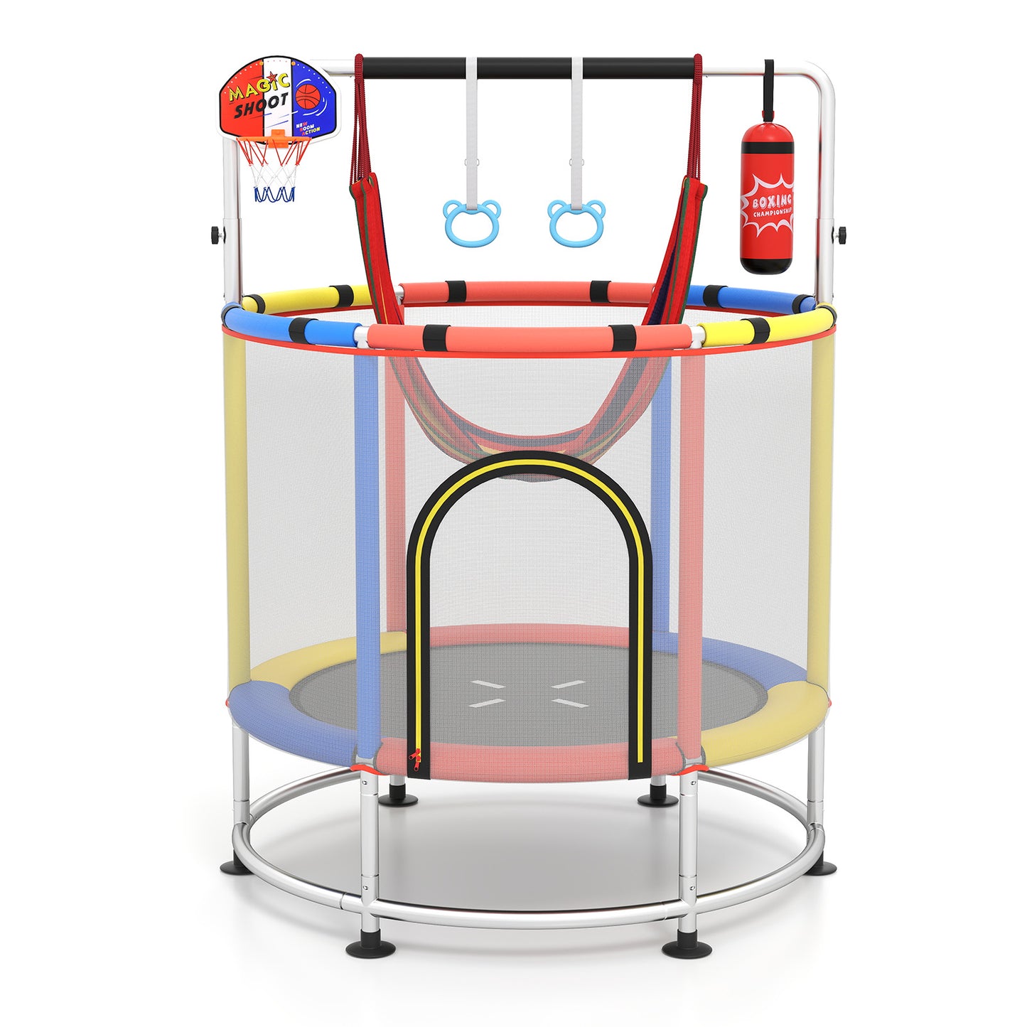 55 Inch Kids Trampoline with Hammock and Adjustable Gym Bar-Red
