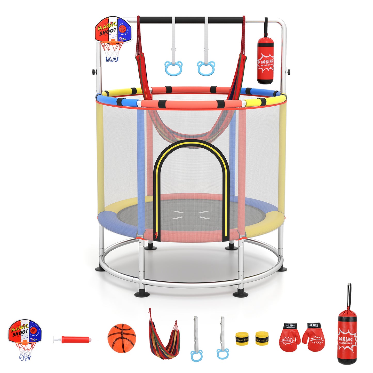 55 Inch Kids Trampoline with Hammock and Adjustable Gym Bar-Red