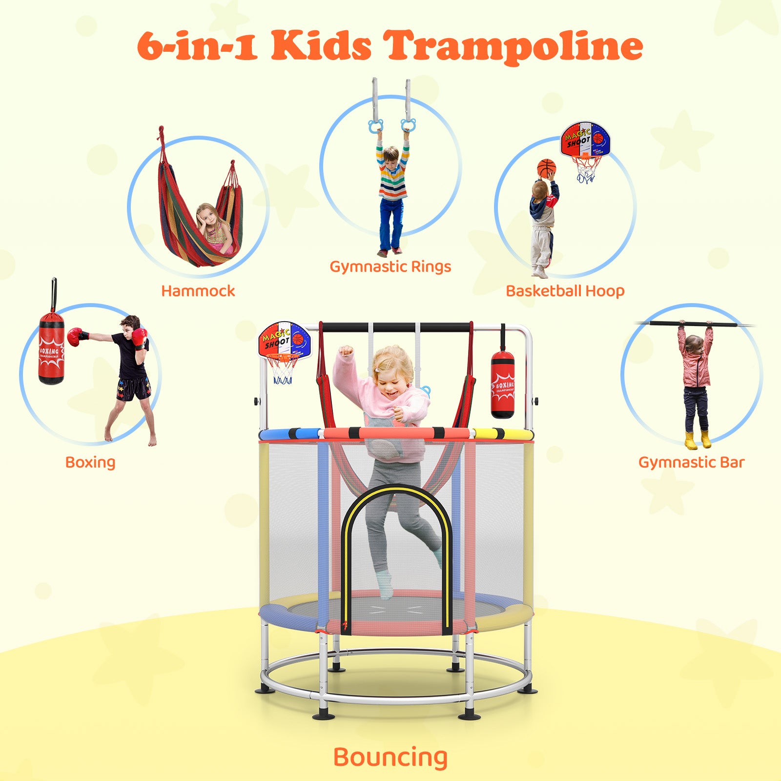 55 Inch Kids Trampoline with Hammock and Adjustable Gym Bar-Red