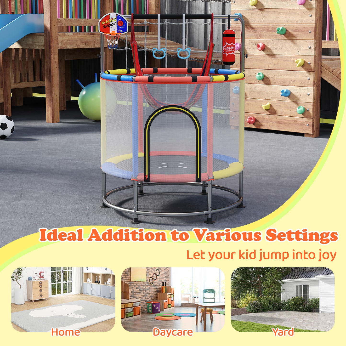 55 Inch Kids Trampoline with Hammock and Adjustable Gym Bar-Red