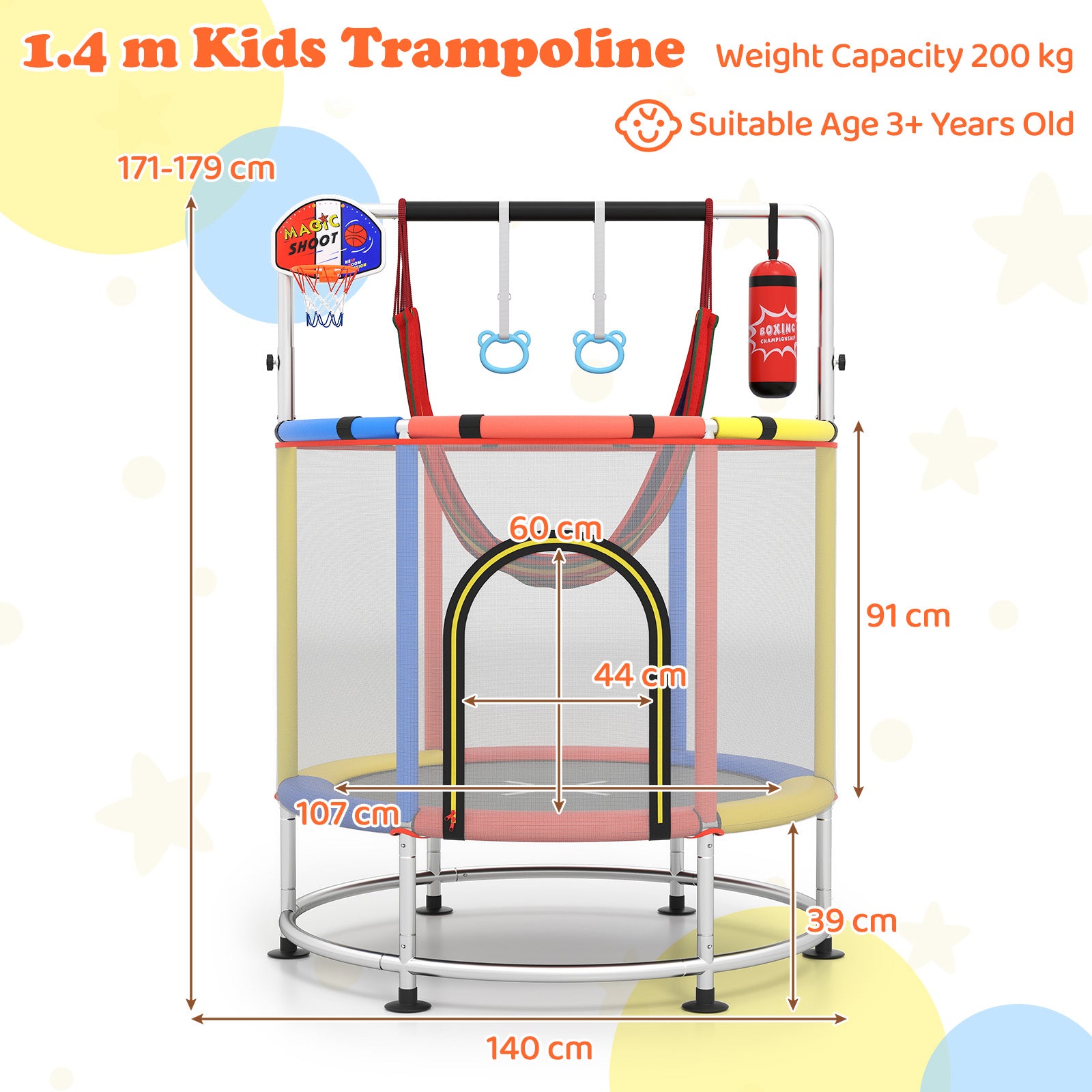 55 Inch Kids Trampoline with Hammock and Adjustable Gym Bar-Red