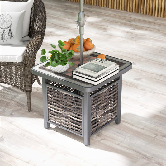 Costway 55cm Outdoor PE Rattan Side Table with Umbrella Hole and Metal Frame