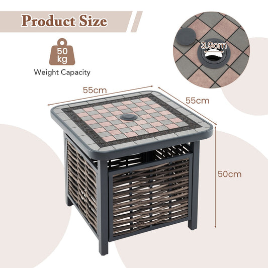 Square PE rattan outdoor side table with checkerboard resin tabletop and umbrella hole
