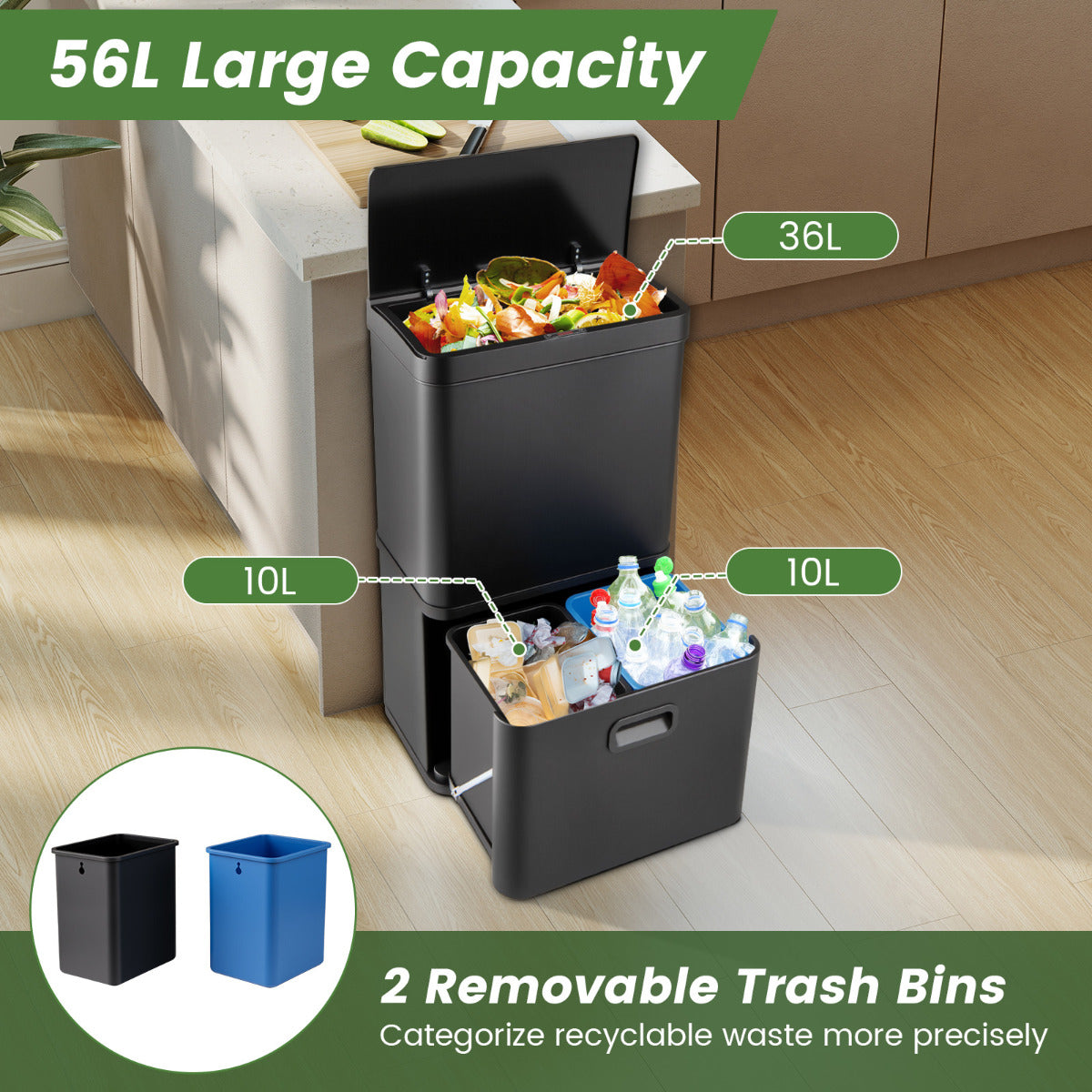 56L Stainless Steel Trash Can Touchless Recycling Garbage Bin-Black
