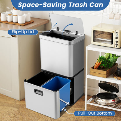 56L Stainless Steel Trash Can Touchless Recycling Garbage Bin-Silver