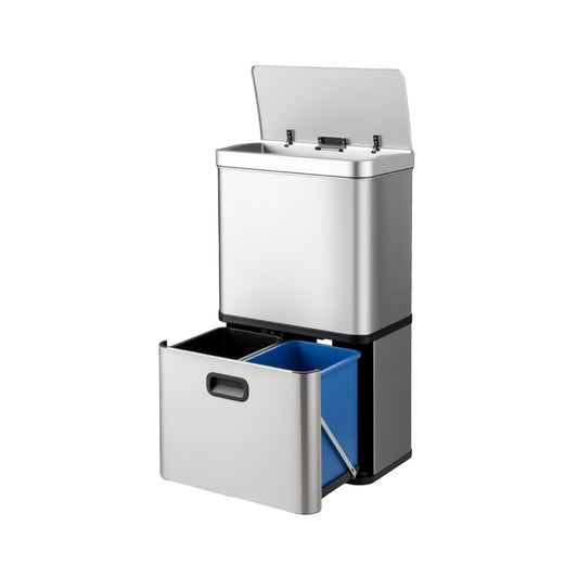 56L Stainless Steel Trash Can Touchless Recycling Garbage Bin-Silver