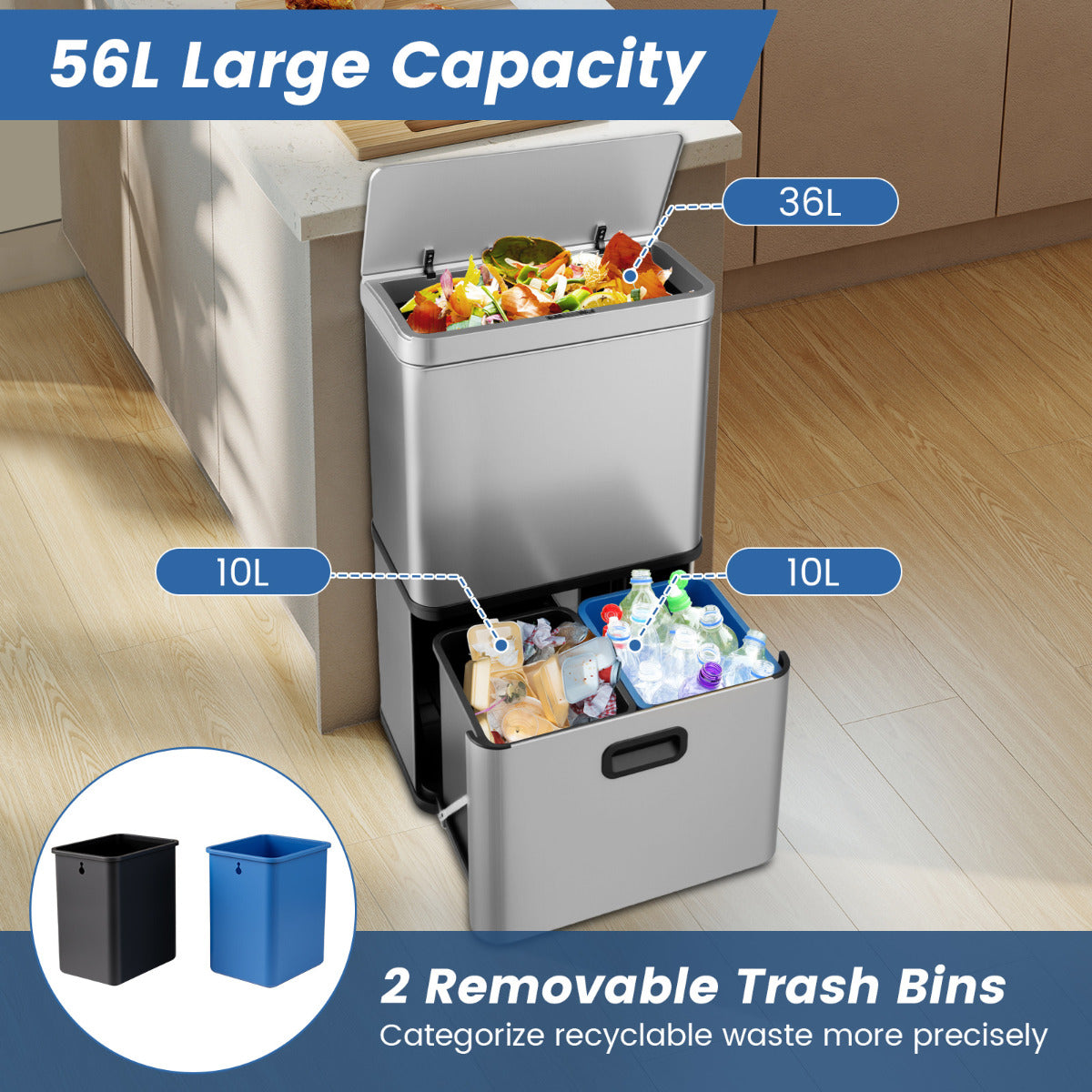 56L Stainless Steel Trash Can Touchless Recycling Garbage Bin-Silver