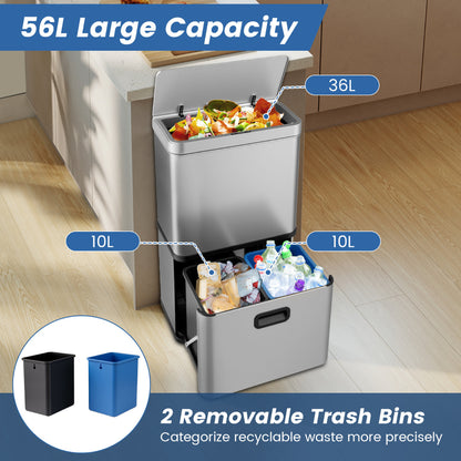 56L Stainless Steel Trash Can Touchless Recycling Garbage Bin-Silver