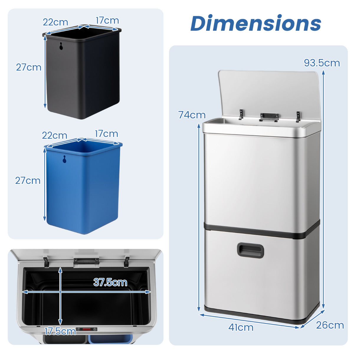 56L Stainless Steel Trash Can Touchless Recycling Garbage Bin-Silver