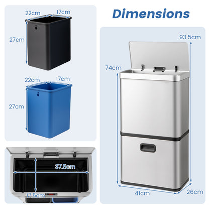56L Stainless Steel Trash Can Touchless Recycling Garbage Bin-Silver
