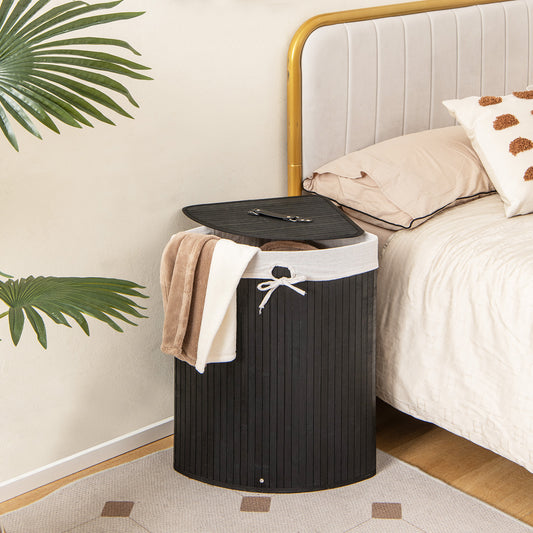 58L Bamboo Laundry Basket with Machine Washable Liner Bag-Black