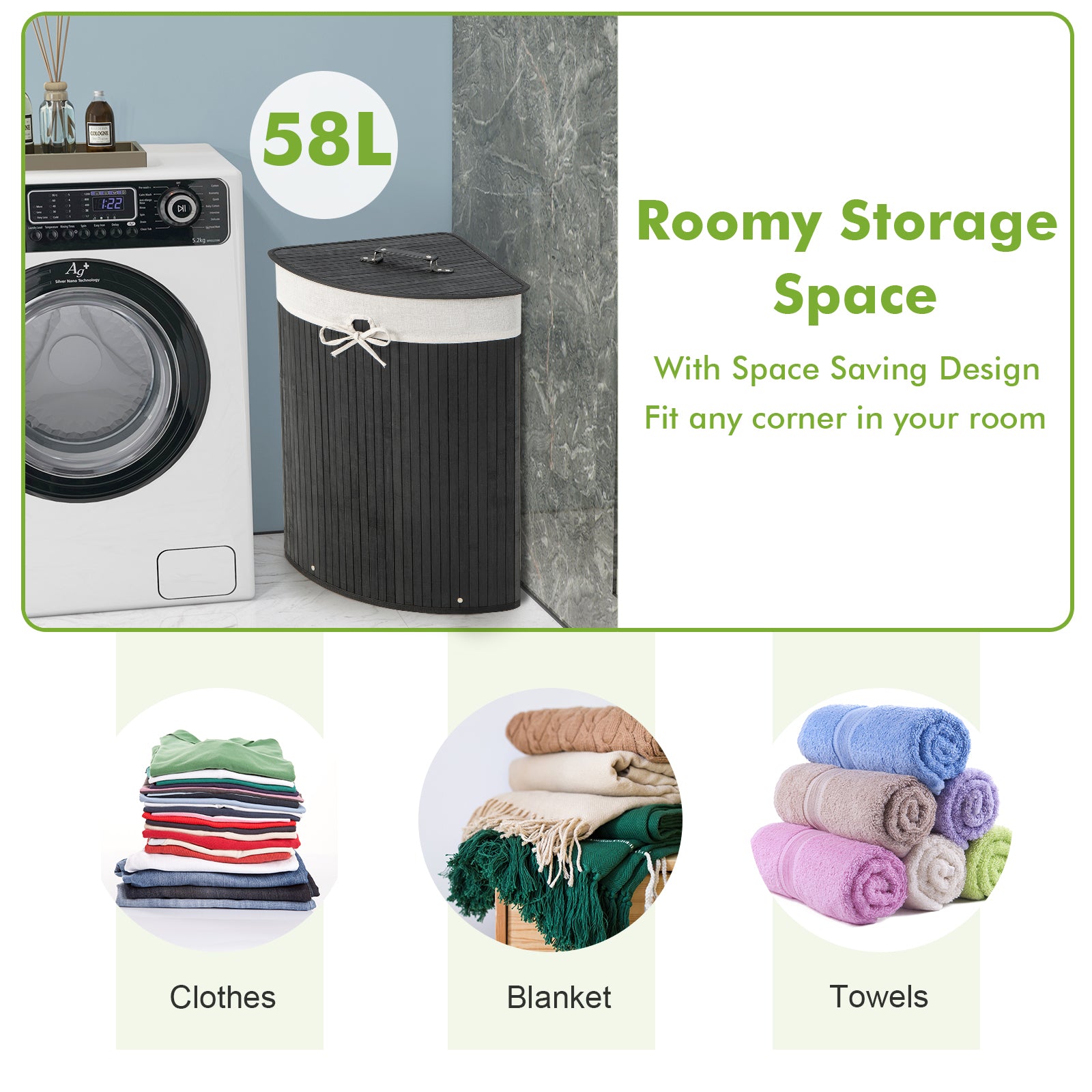 58L Bamboo Laundry Basket with Machine Washable Liner Bag-Black
