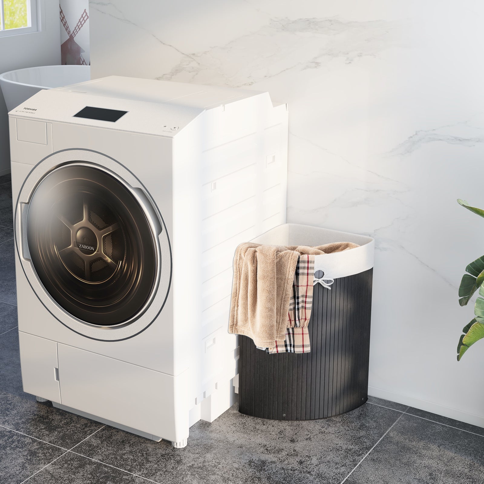 58L Bamboo Laundry Basket with Machine Washable Liner Bag-Black