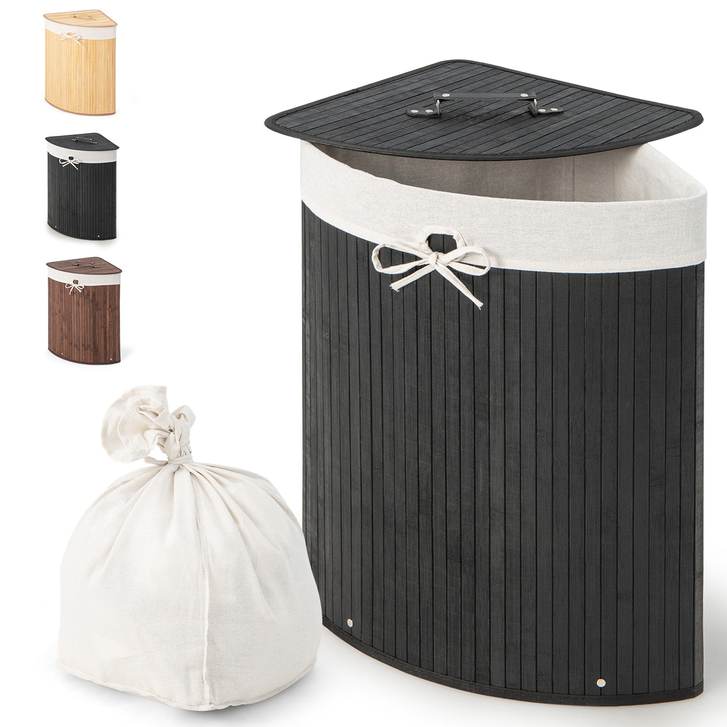 58L Bamboo Laundry Basket with Machine Washable Liner Bag-Black