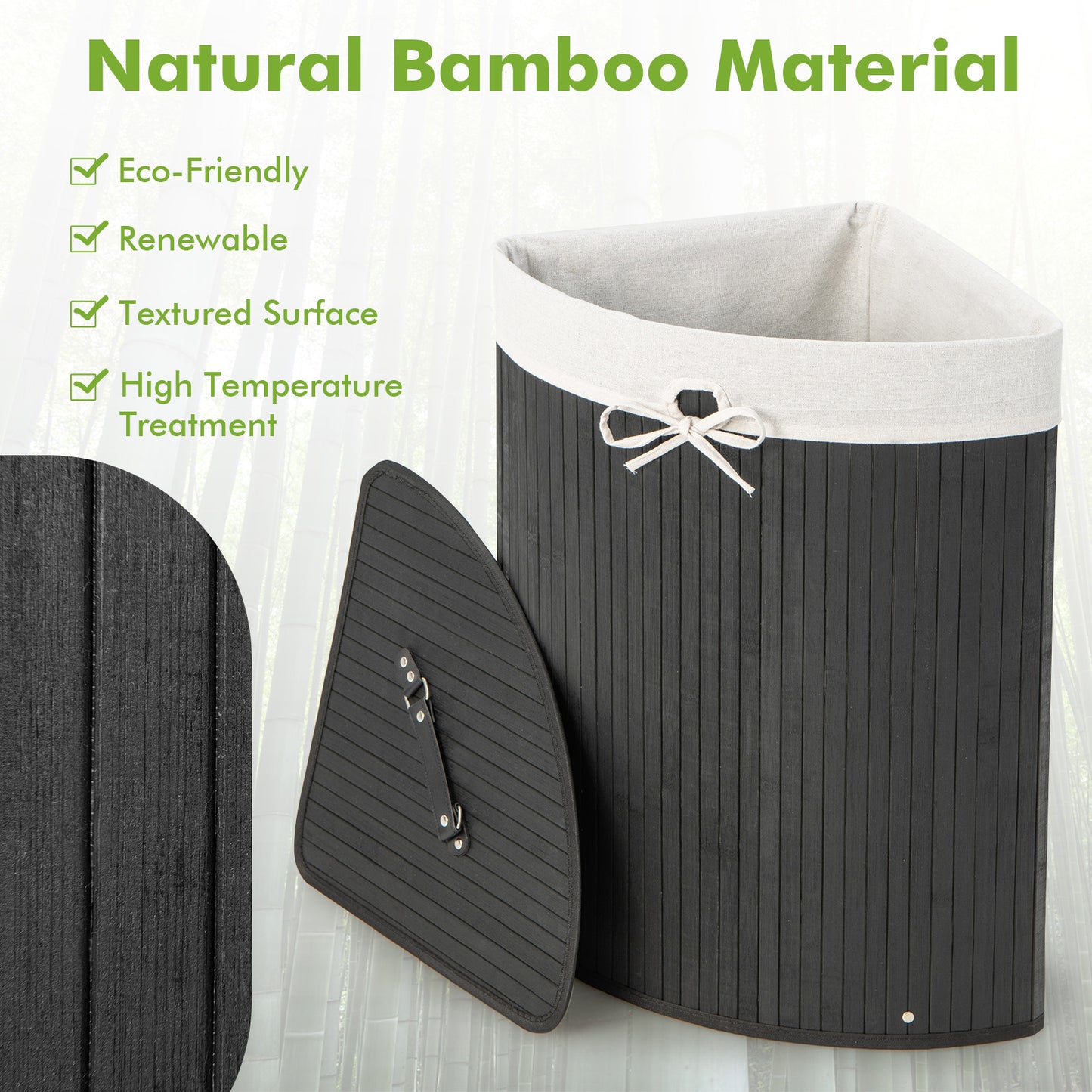 58L Bamboo Laundry Basket with Machine Washable Liner Bag-Black