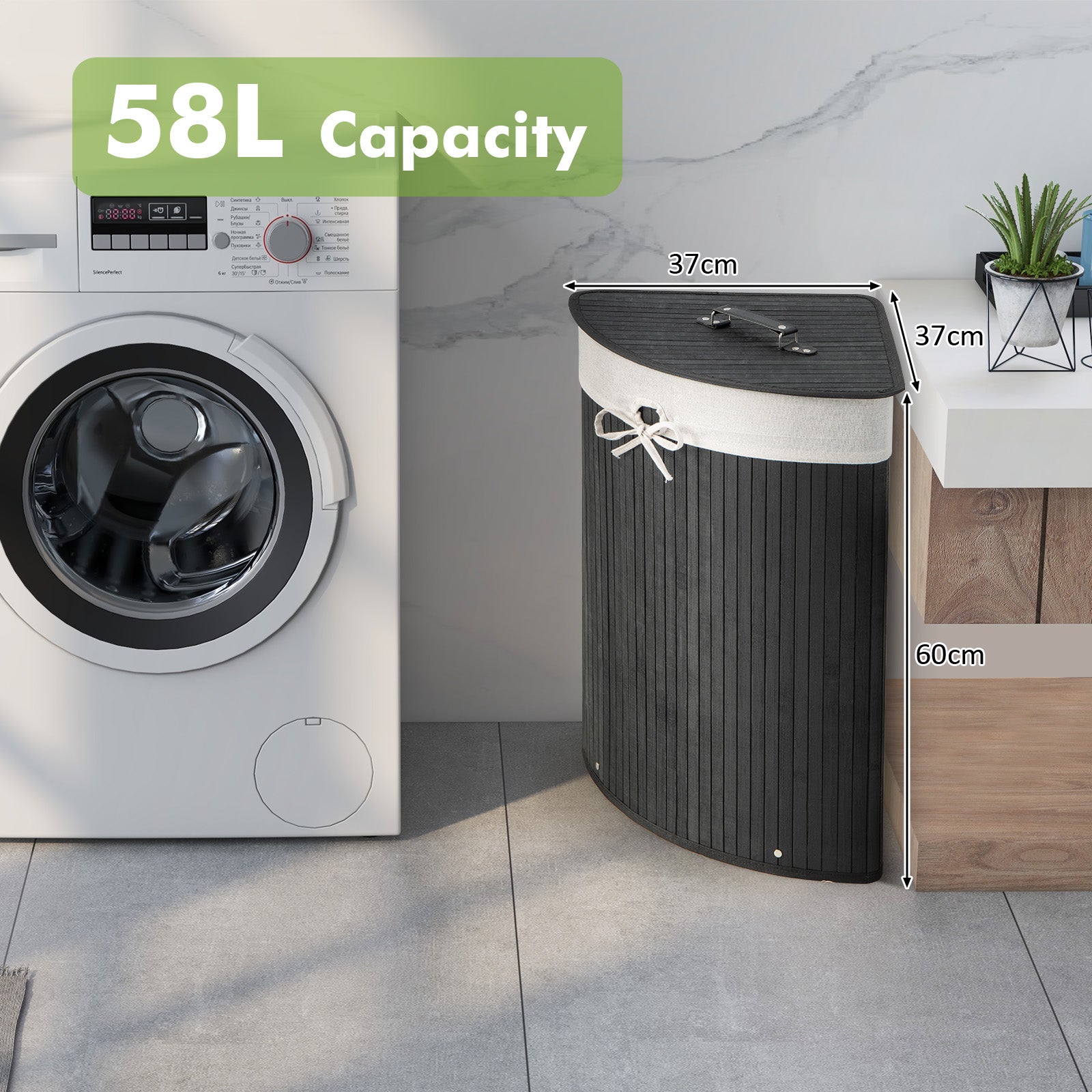 58L Bamboo Laundry Basket with Machine Washable Liner Bag-Black