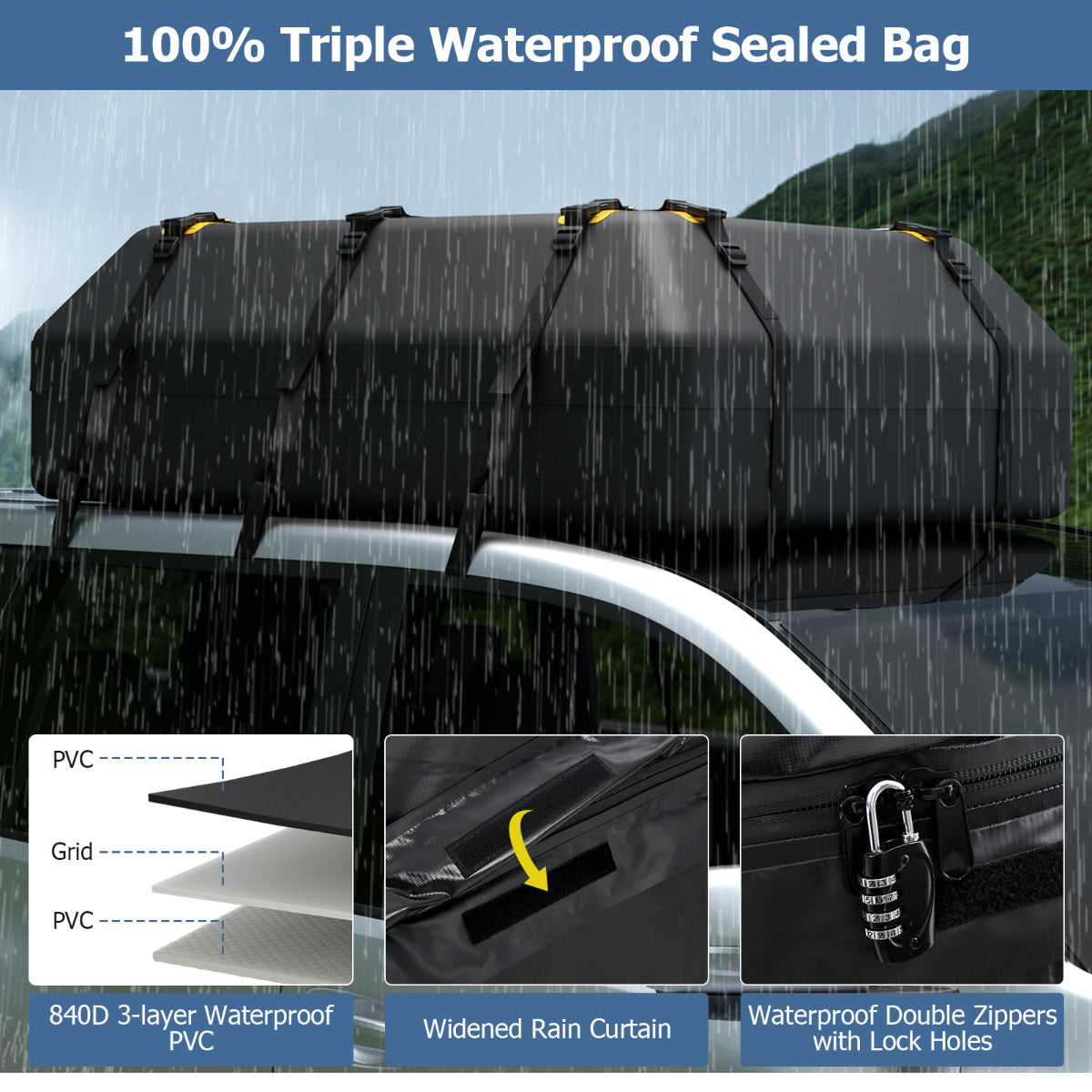 595 L Car Roof Bag with Door Hooks and Non-slip Mat-Black