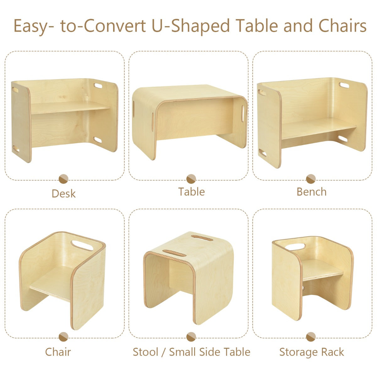 Kids Table and Chair Set with Storage Shelves-Natural