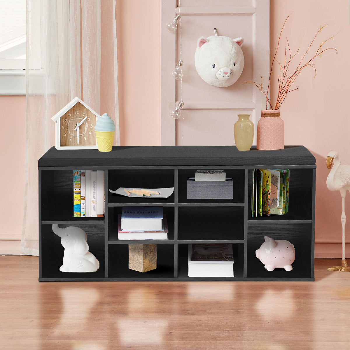 10-Cube Shoe Bench with Padded Cushions and Adjustable Shelves-Grey
