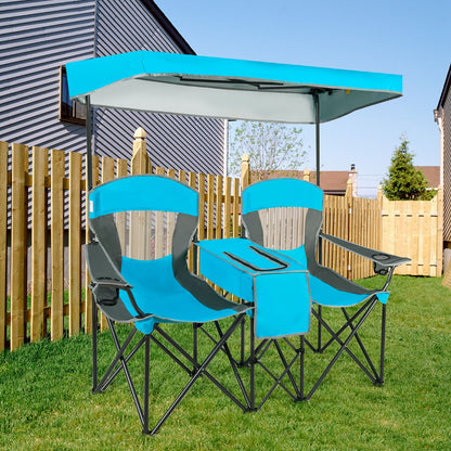 Double Folding Camping Chair with Canopy and Armrests-Blue
