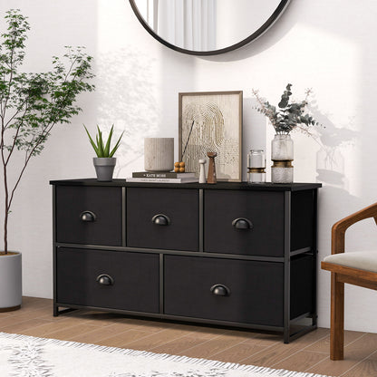 5 Drawer Storage Organizer Unit with Sturdy Iron Frame Easy Pull Removable Fabric Bins-Dark Black
