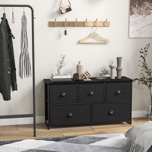 5 Drawer Storage Organizer Unit with Sturdy Iron Frame Easy Pull Removable Fabric Bins-Dark Black
