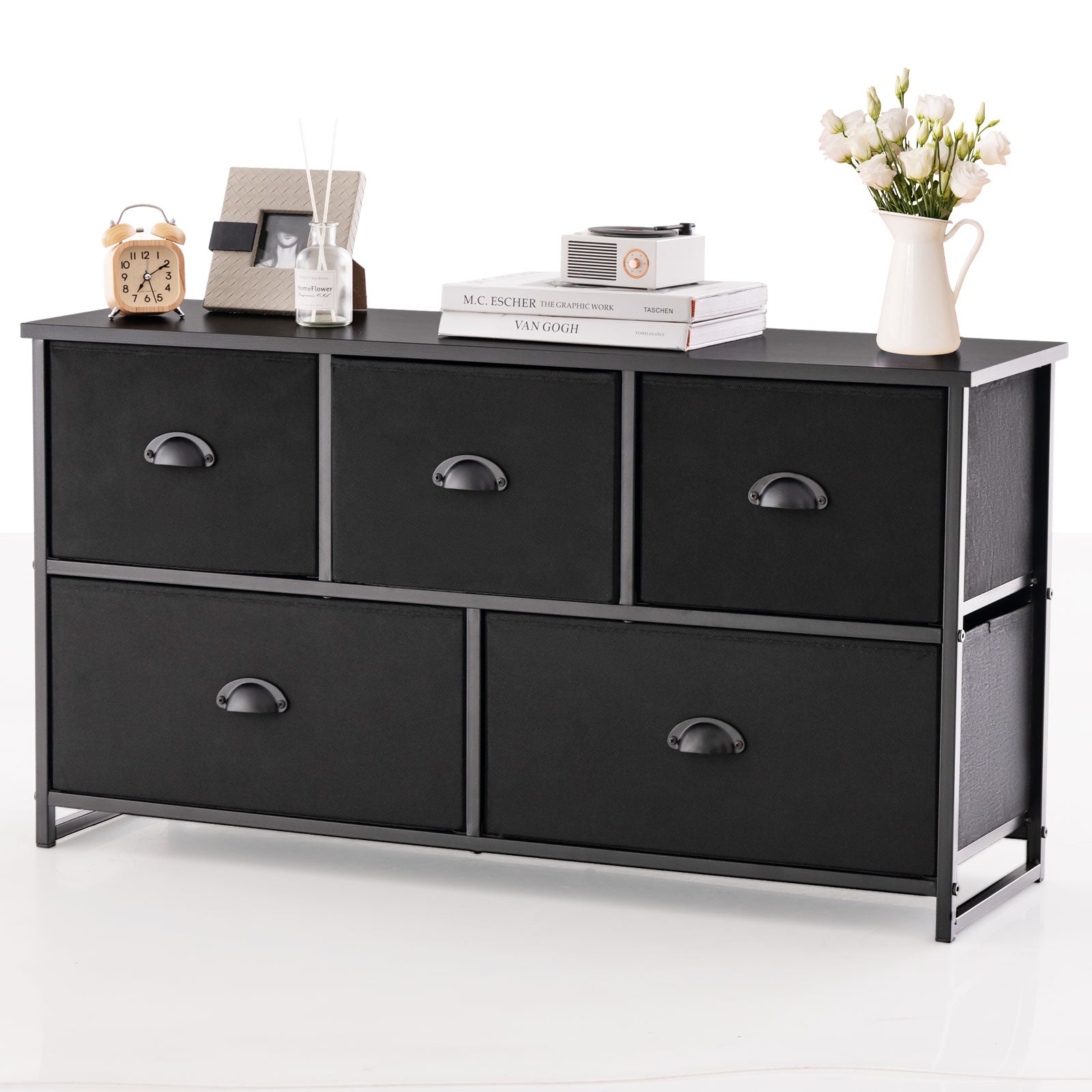 5 Drawer Storage Organizer Unit with Sturdy Iron Frame Easy Pull Removable Fabric Bins-Dark Black