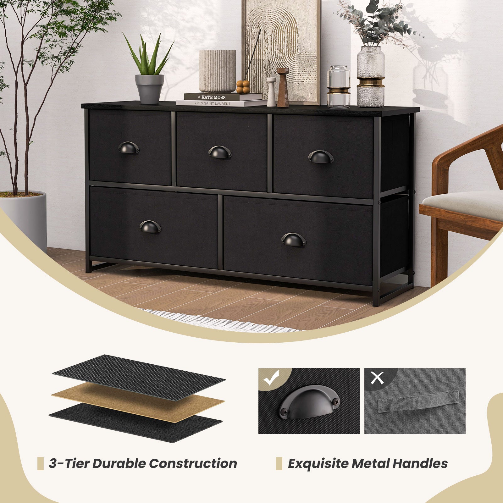 5 Drawer Storage Organizer Unit with Sturdy Iron Frame Easy Pull Removable Fabric Bins-Dark Black