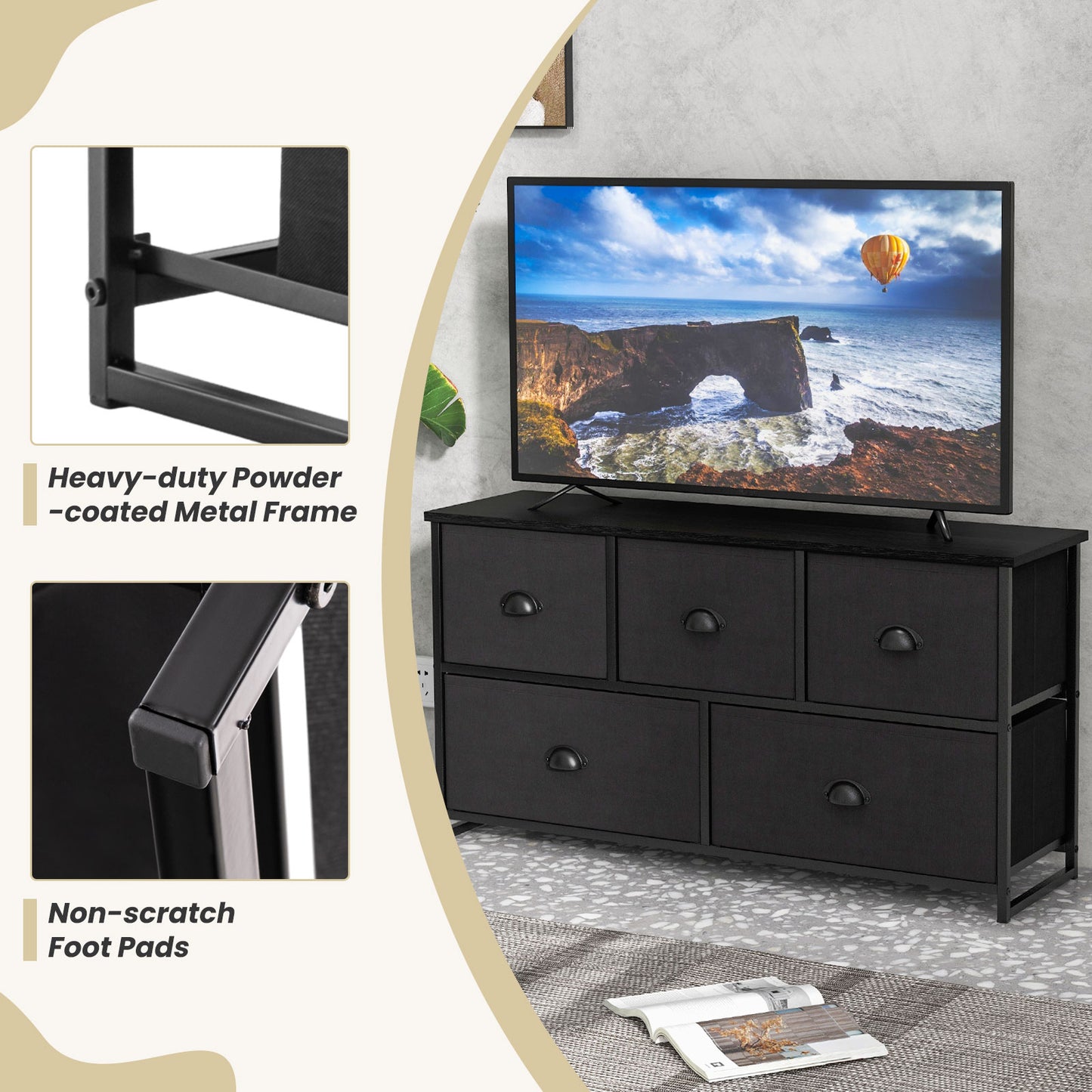 5 Drawer Storage Organizer Unit with Sturdy Iron Frame Easy Pull Removable Fabric Bins-Dark Black