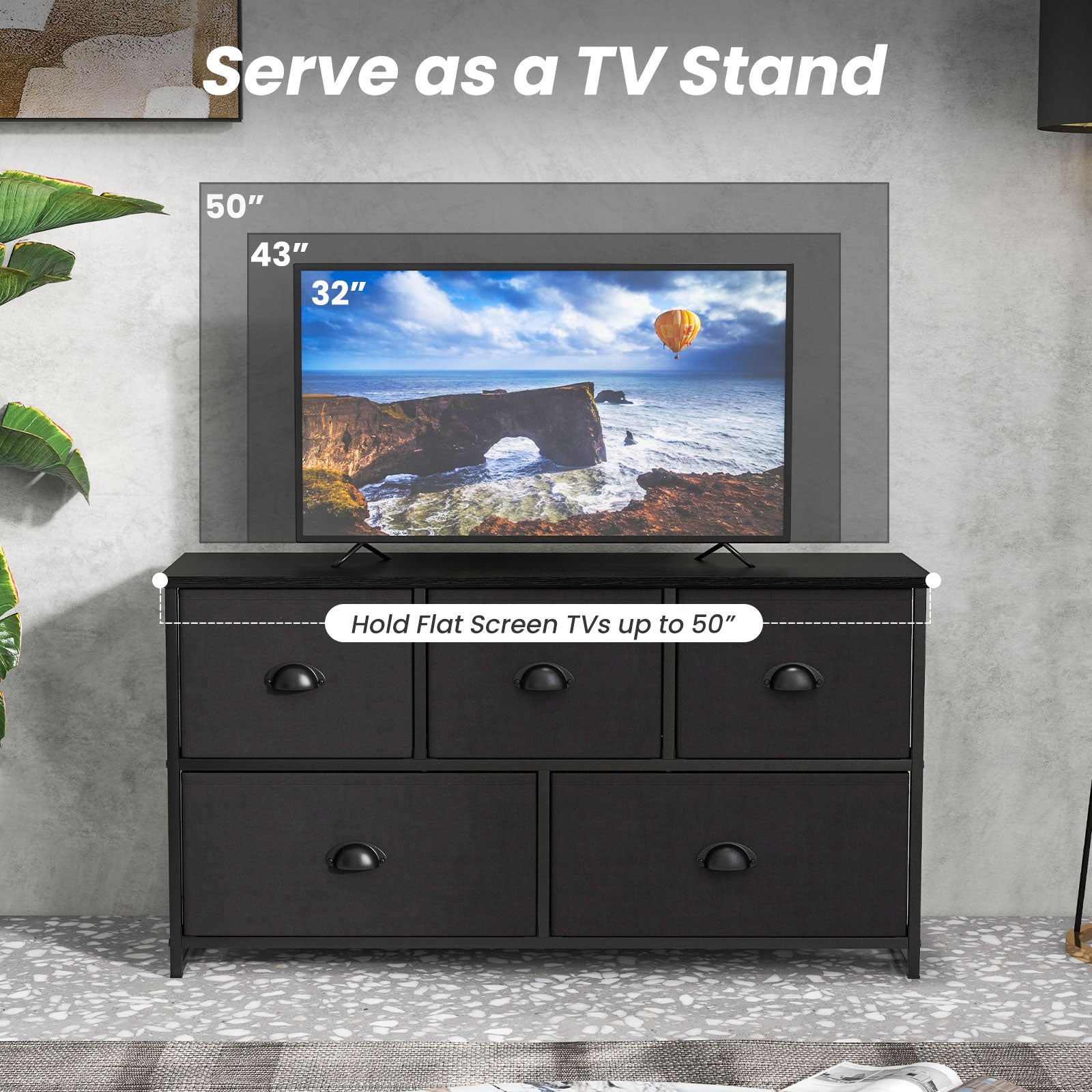5 Drawer Storage Organizer Unit with Sturdy Iron Frame Easy Pull Removable Fabric Bins-Dark Black