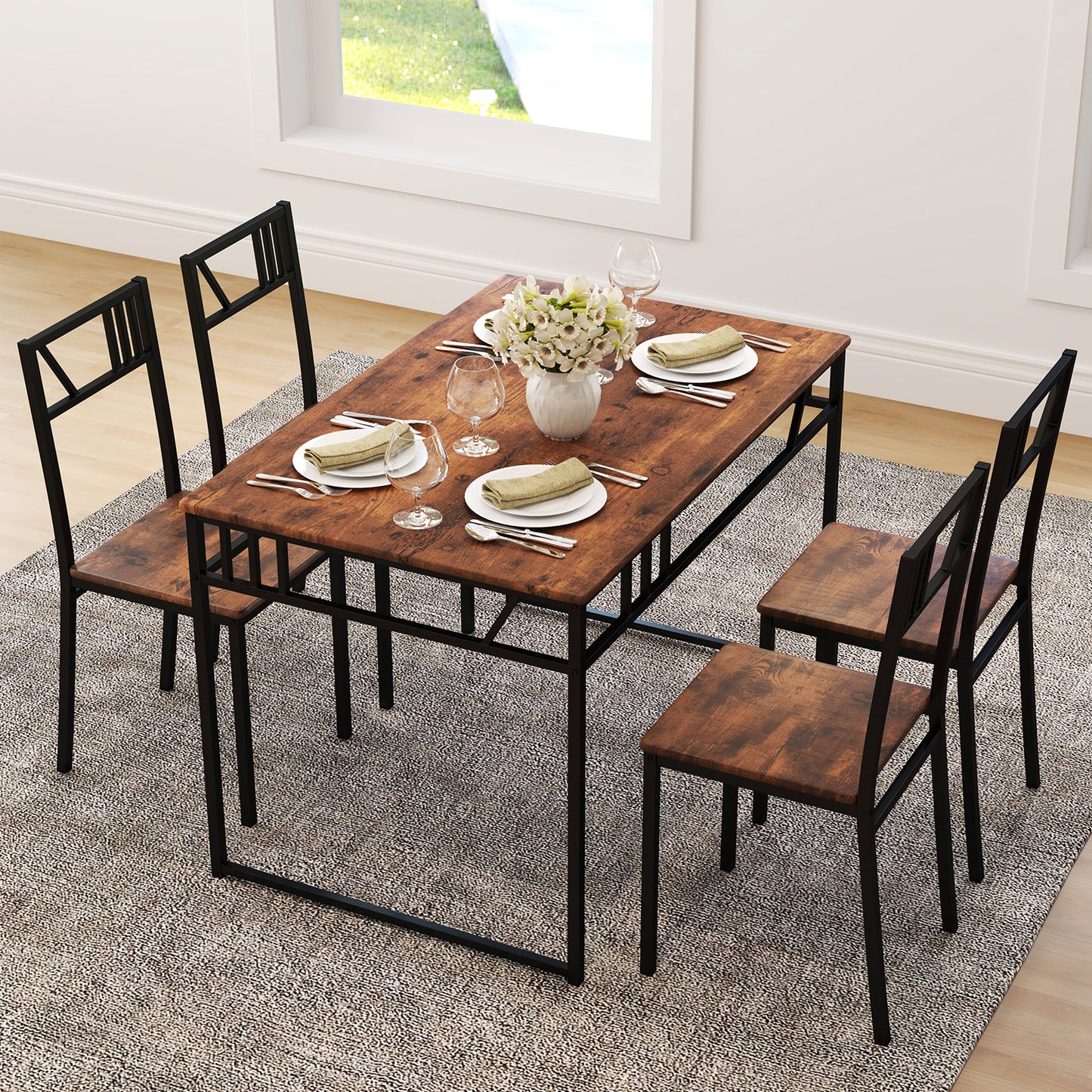5 Piece Dining Table Set with Wood Like Tabletop and Metal Frame-Coffee
