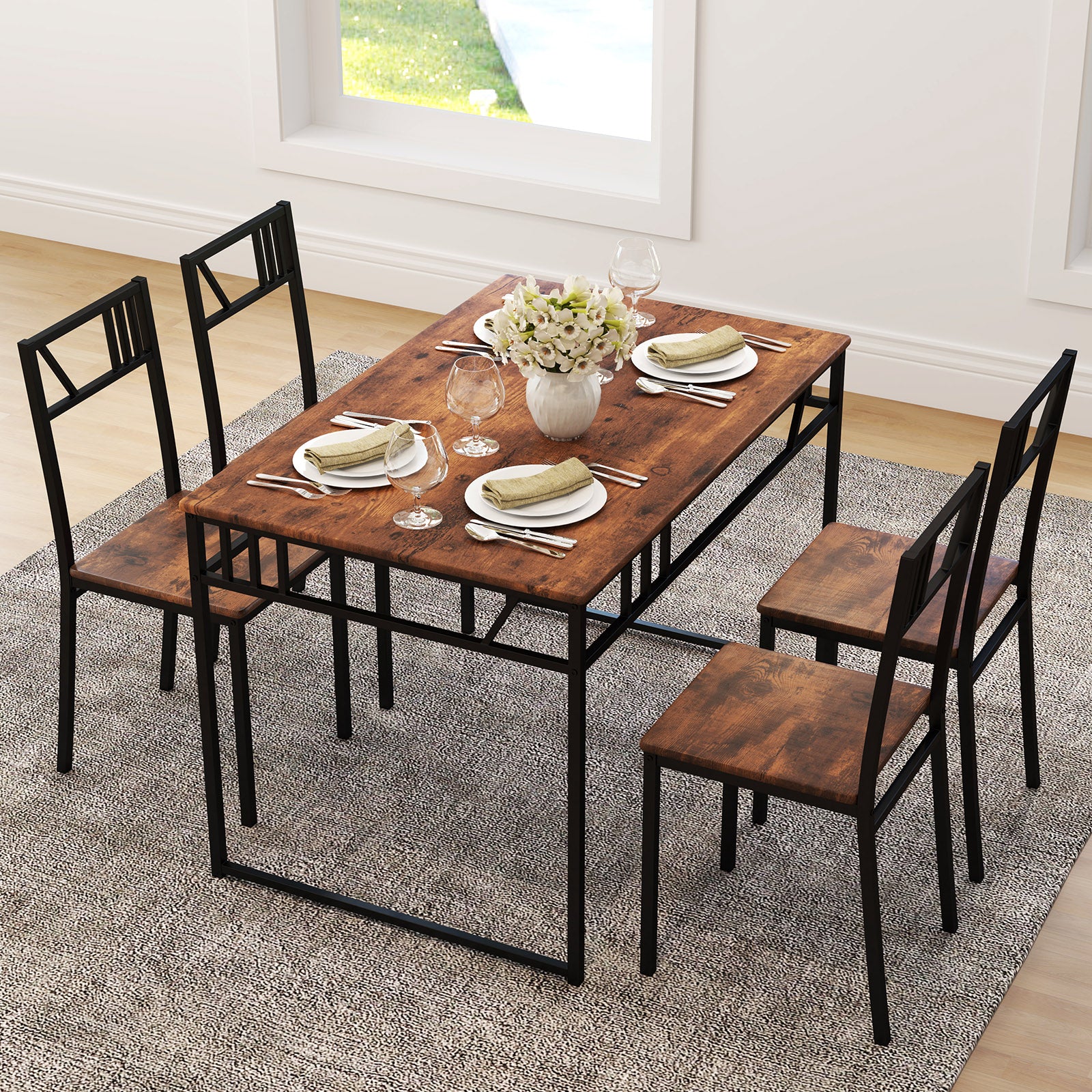 5 Piece Dining Table Set with Wood Like Tabletop and Metal Frame-Coffee