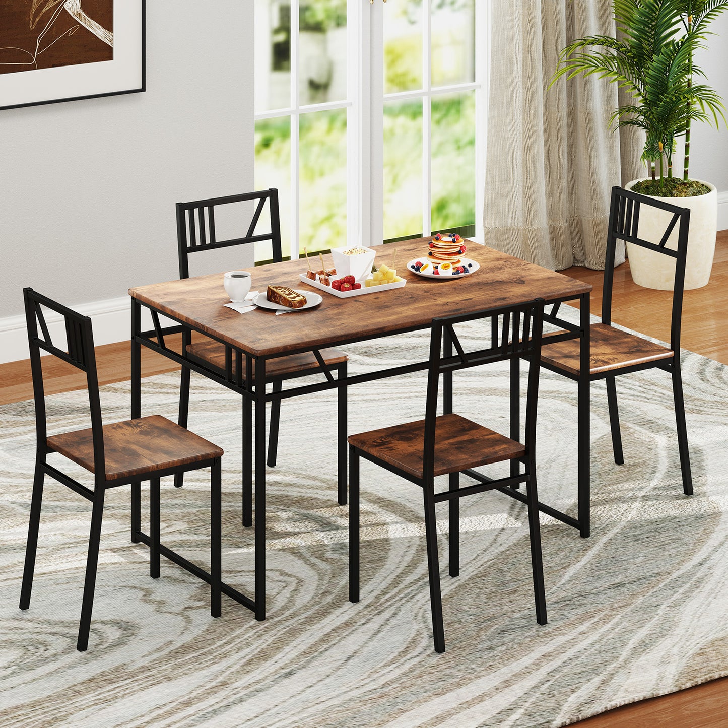 5 Piece Dining Table Set with Wood Like Tabletop and Metal Frame-Coffee