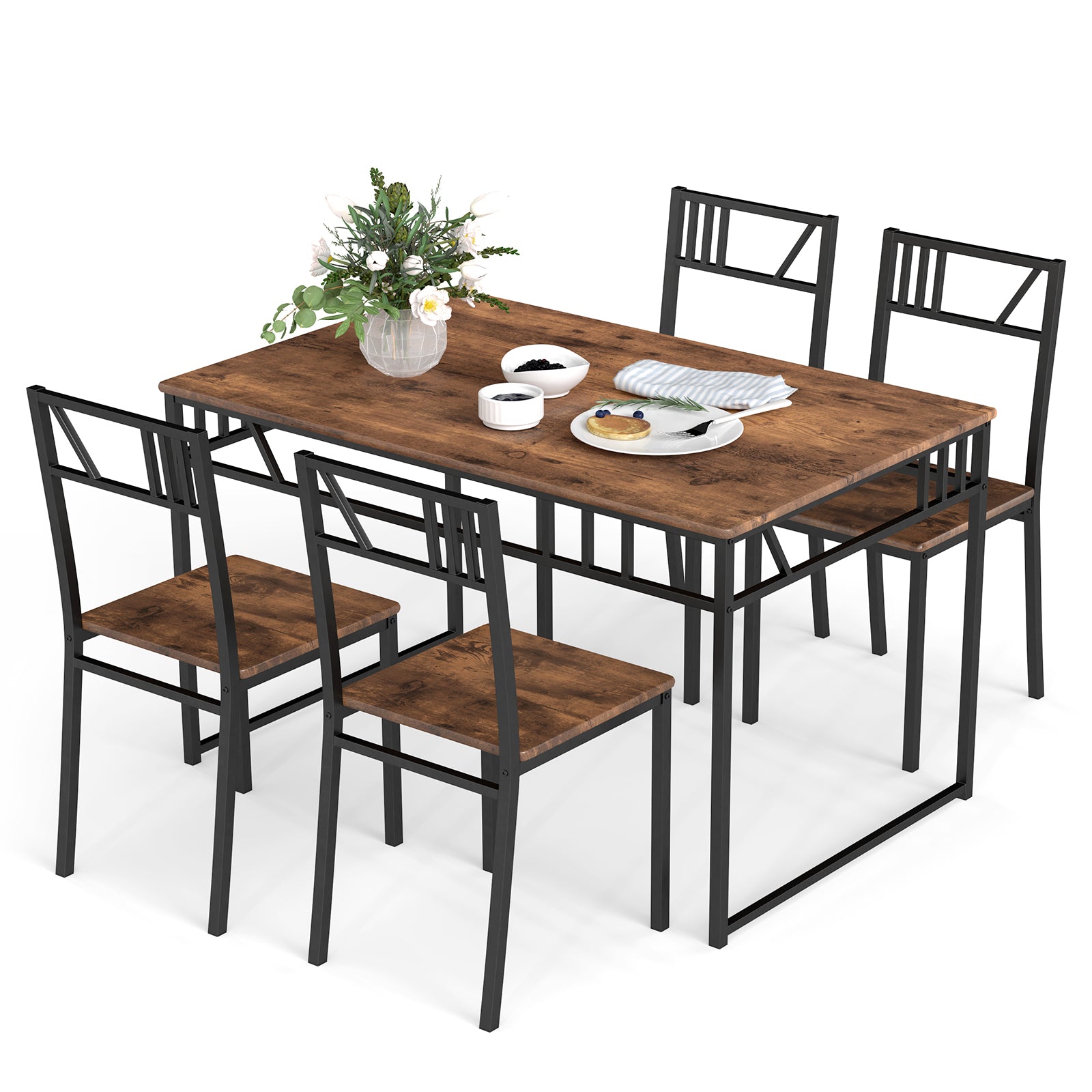 5 Piece Dining Table Set with Wood Like Tabletop and Metal Frame-Coffee