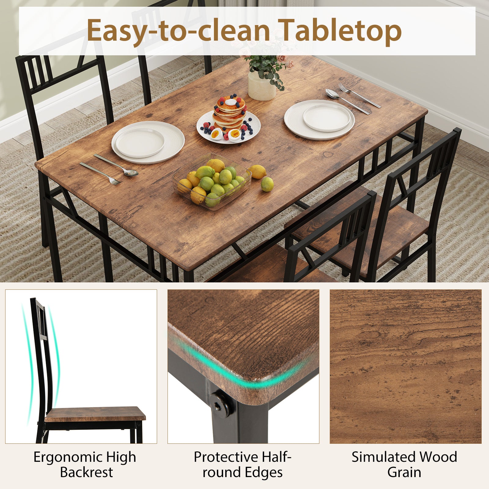 5 Piece Dining Table Set with Wood Like Tabletop and Metal Frame-Coffee