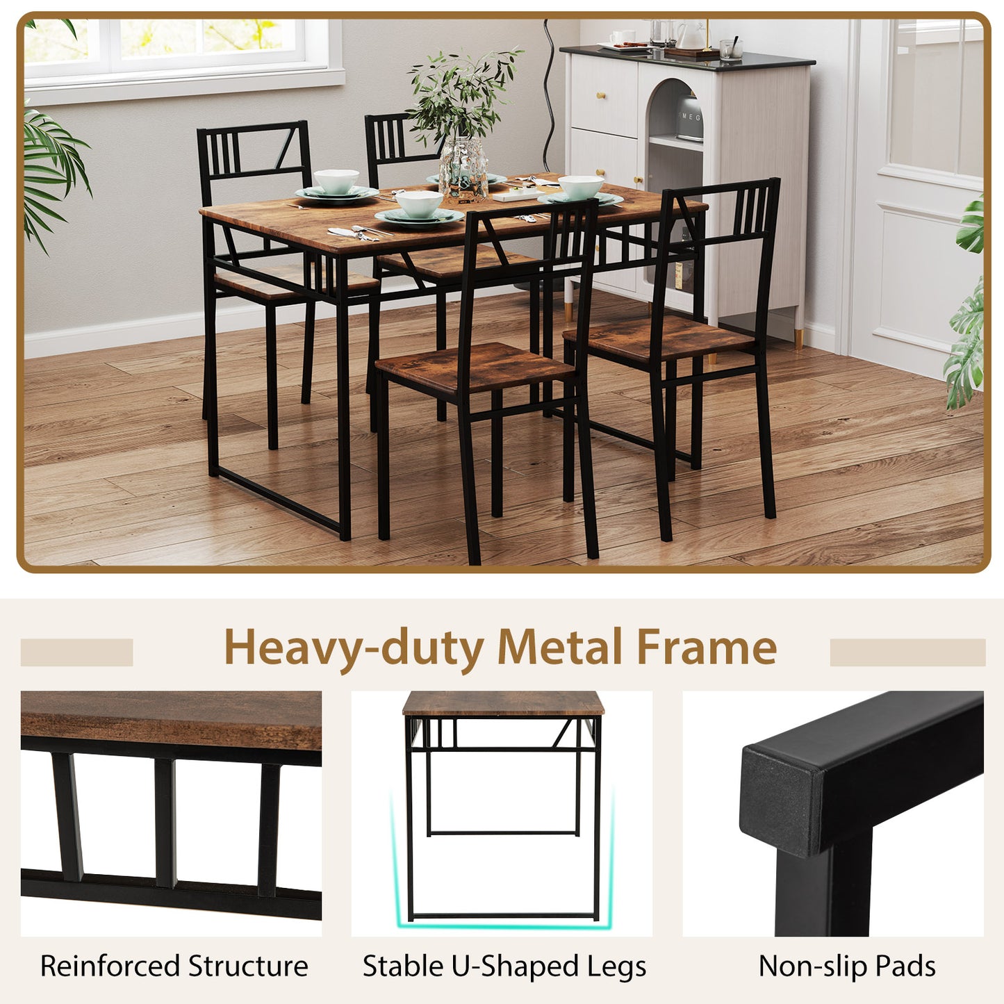 5 Piece Dining Table Set with Wood Like Tabletop and Metal Frame-Coffee