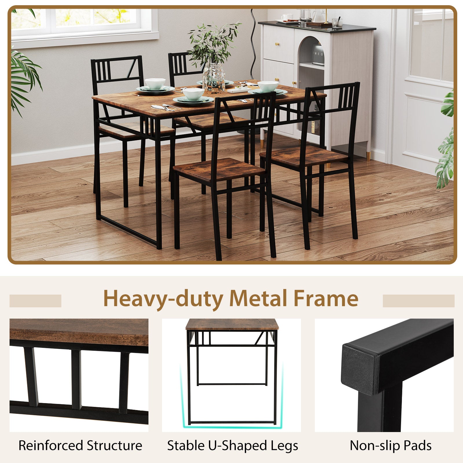5 Piece Dining Table Set with Wood Like Tabletop and Metal Frame-Coffee