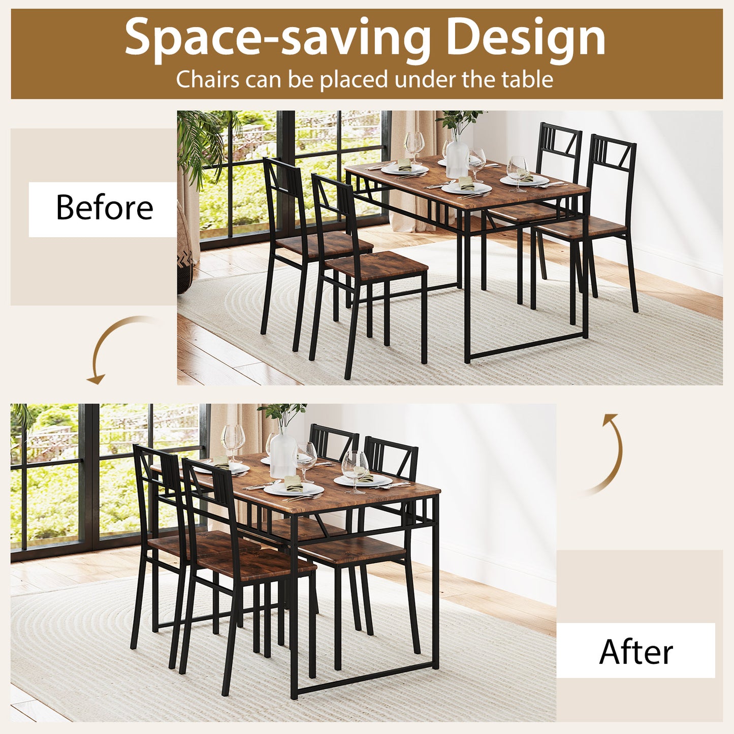 5 Piece Dining Table Set with Wood Like Tabletop and Metal Frame-Coffee