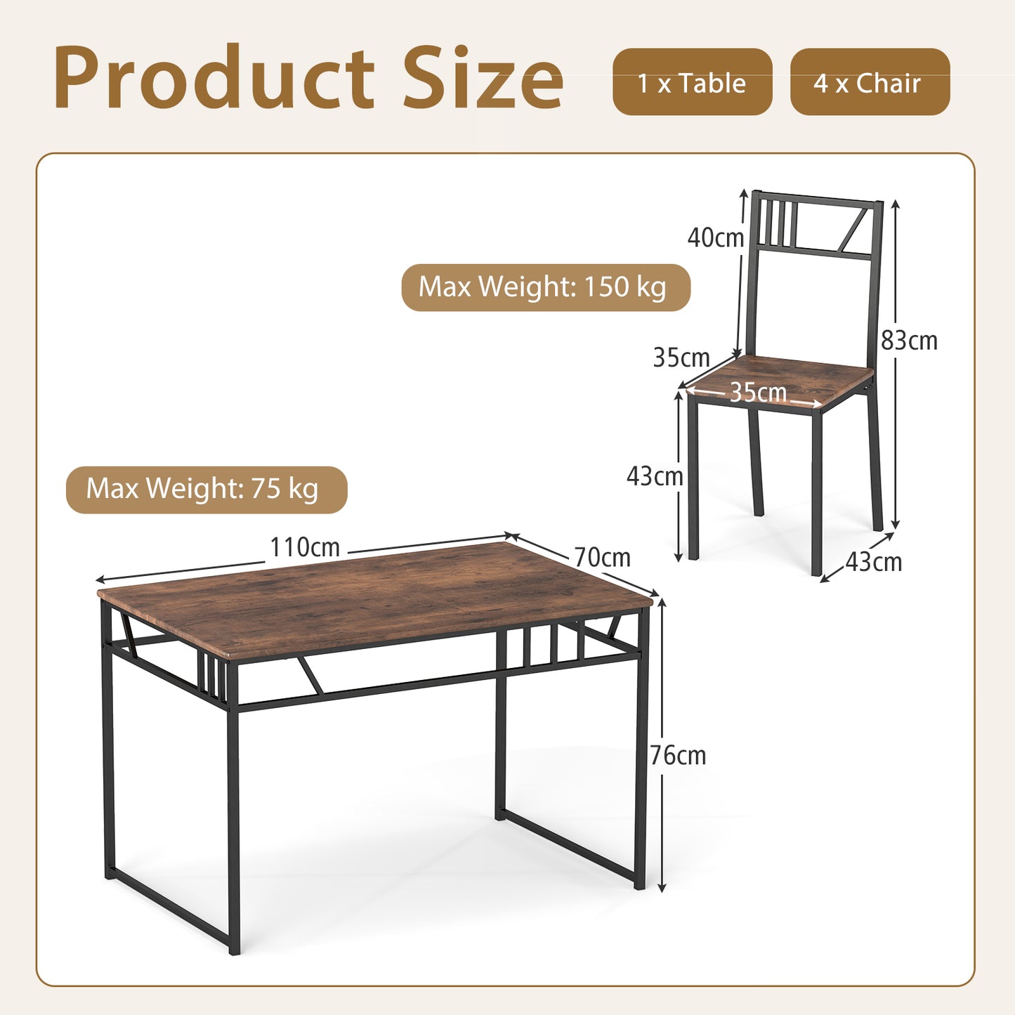 5 Piece Dining Table Set with Wood Like Tabletop and Metal Frame-Coffee