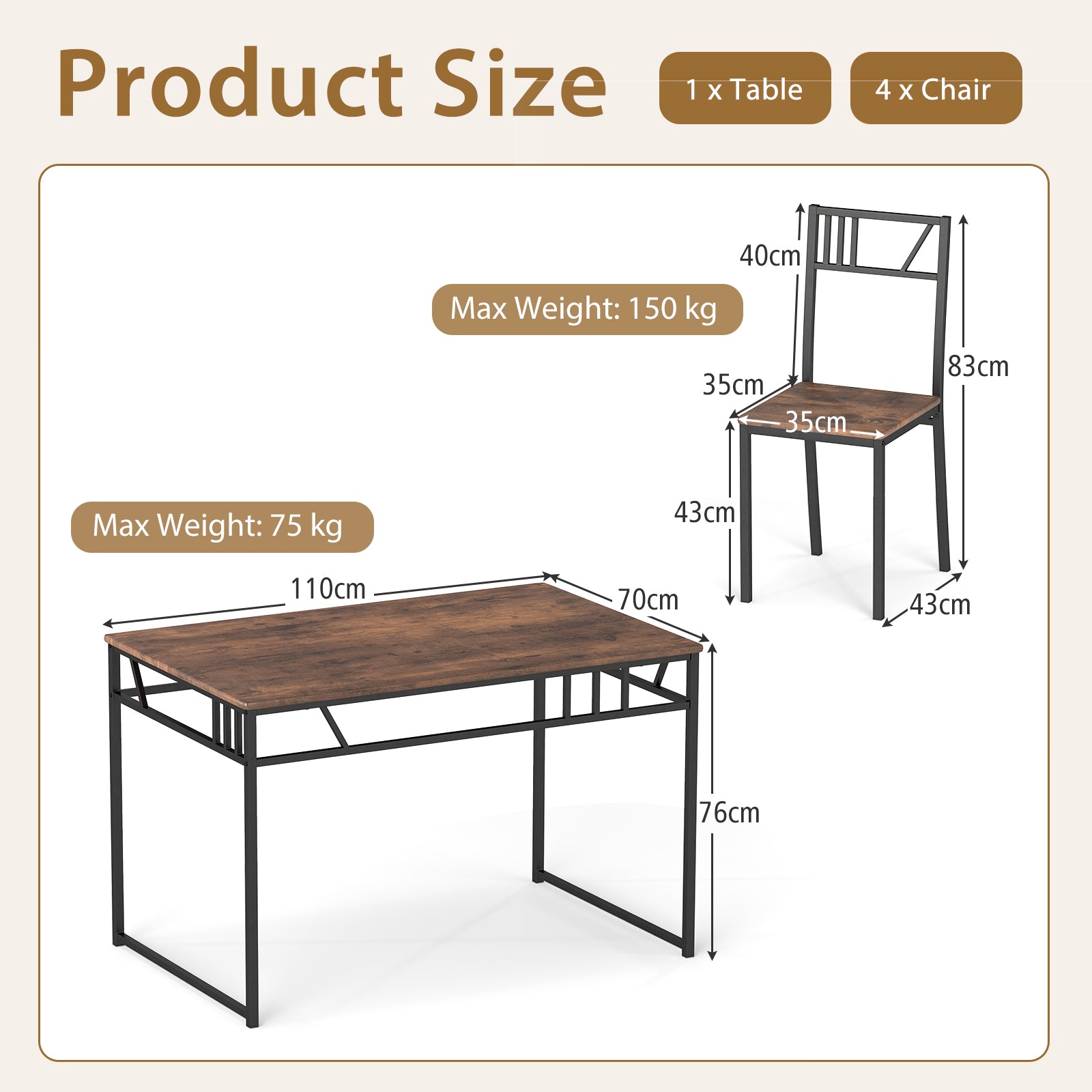 5 Piece Dining Table Set with Wood Like Tabletop and Metal Frame-Coffee