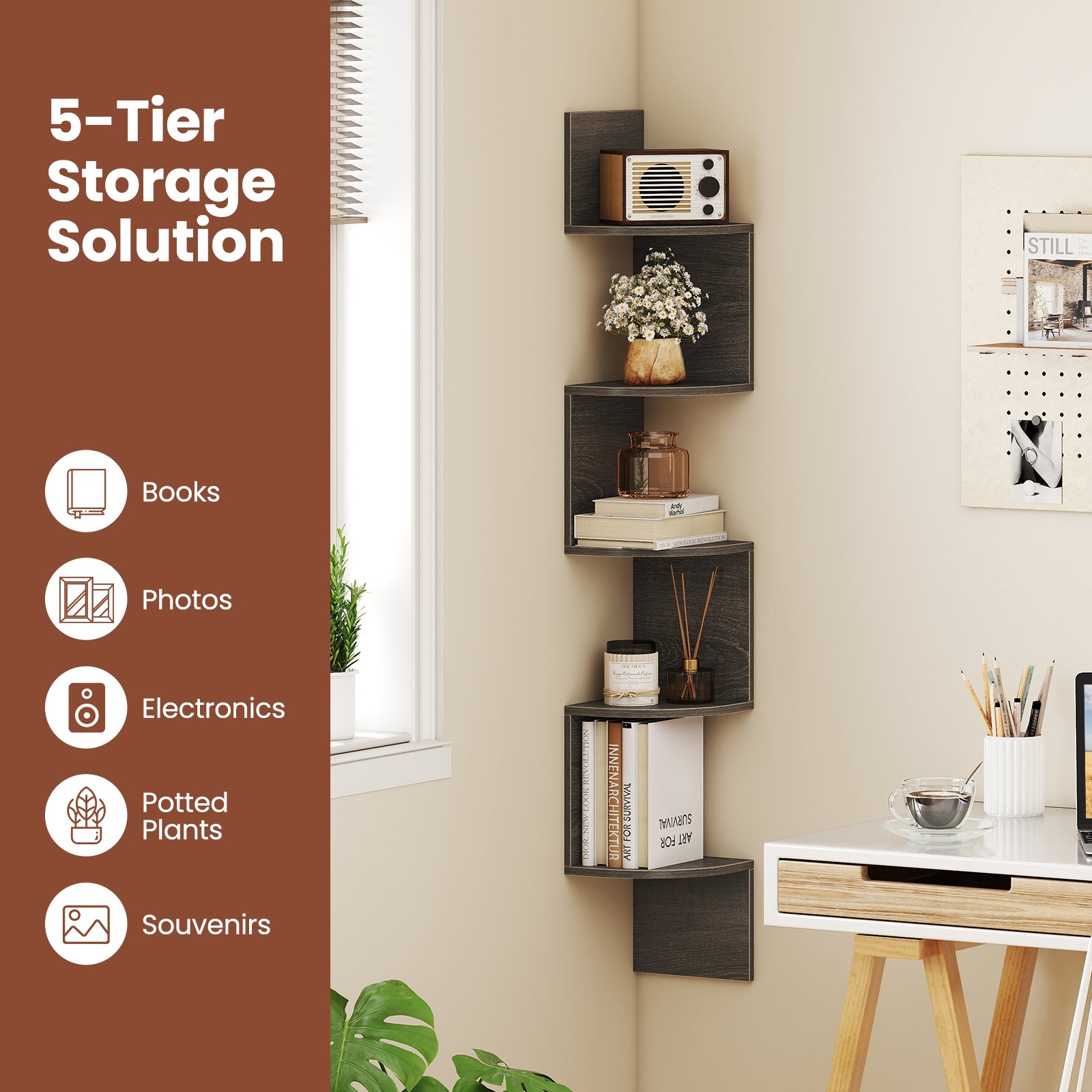 5-Tier Corner Shelf Floating Bookshelf Wall Mounted Storage Organizer-Oak