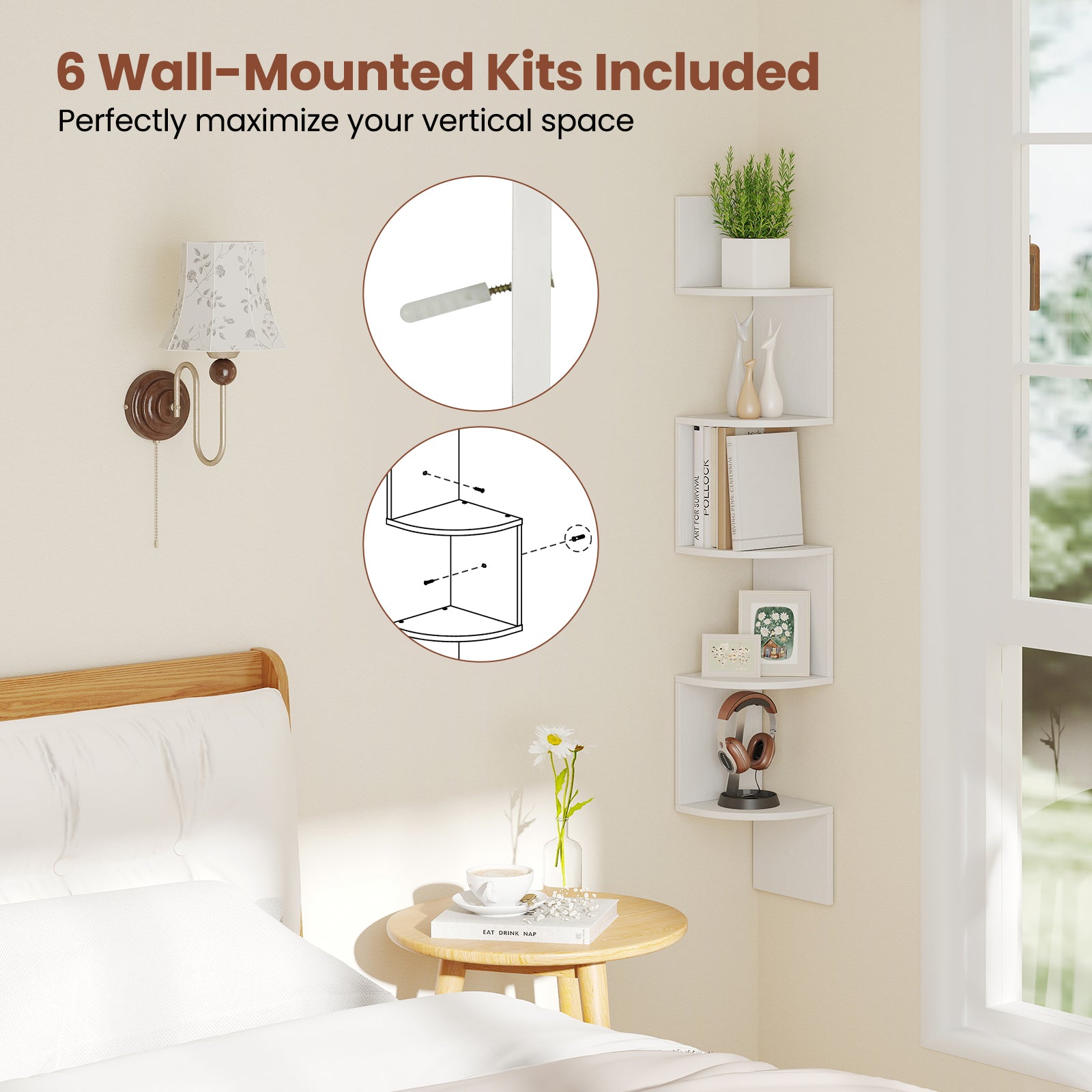 5-Tier Corner Shelf Floating Bookshelf Wall Mounted Storage Organizer-White