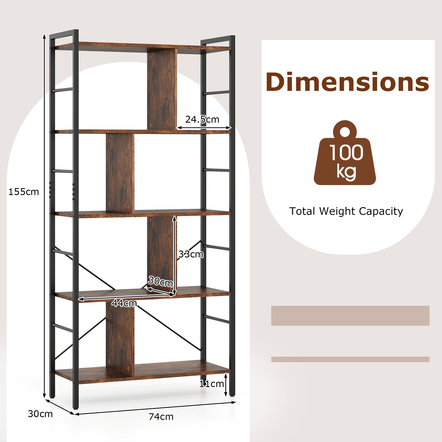5-Tier Industrial Style Bookcase with Metal Frame