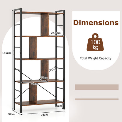 5-Tier Industrial Style Bookcase with Metal Frame