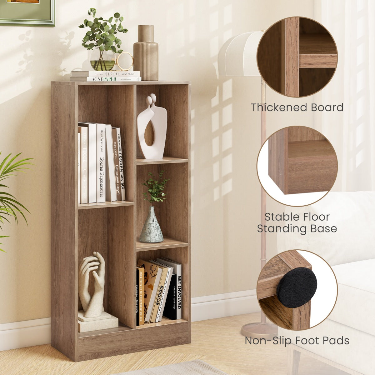 5-Cube Freestanding Storage Bookshelf with 2 Anti-Tipping Kits-Natural